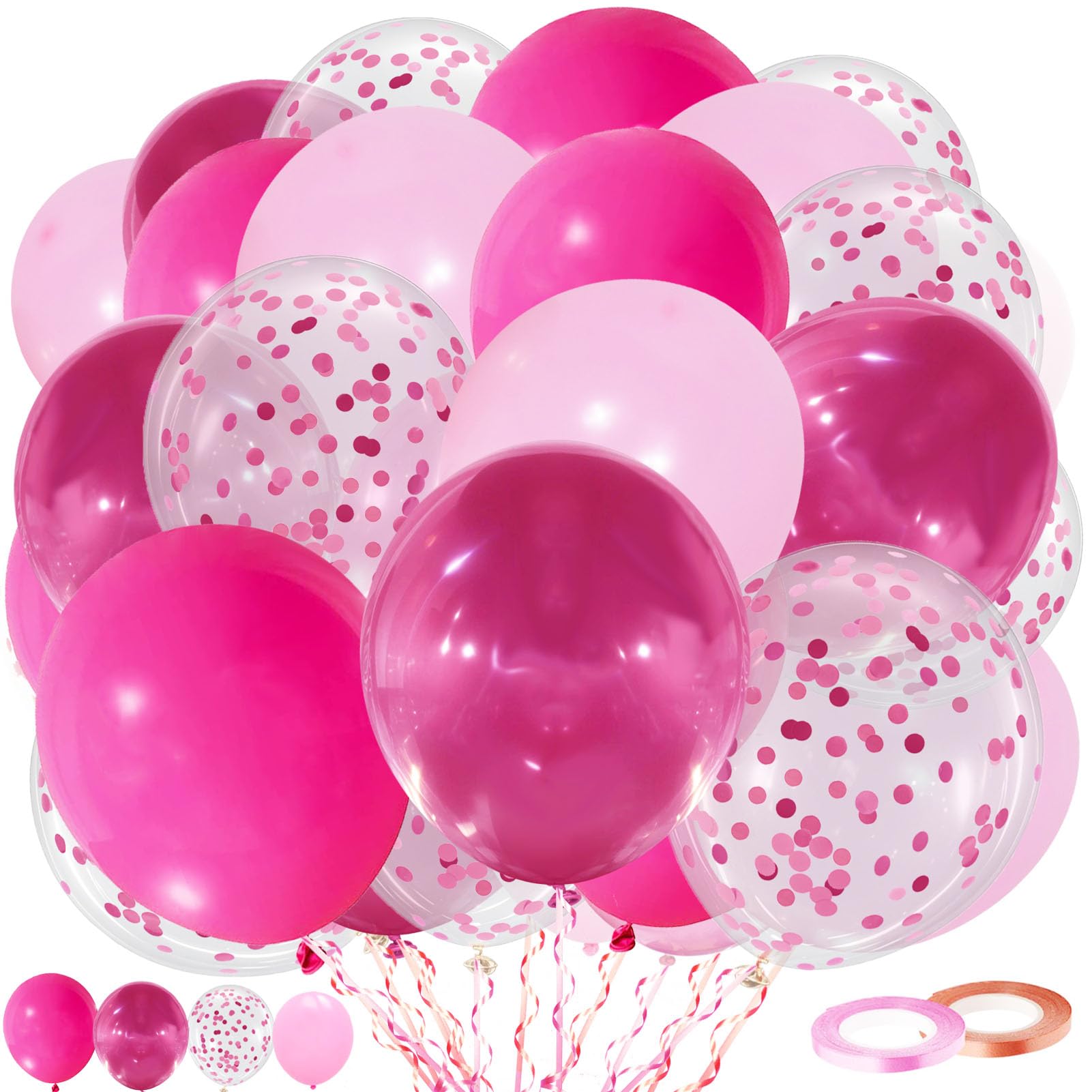 Luftballons Rosa Roségold Set, 60 Stück Hot Pink Metall Heiße rosa Latex Ballons mit Konfetti Ballon für Mädchen Frau Geburtstag Hochzeit Baby Party Dekorationen