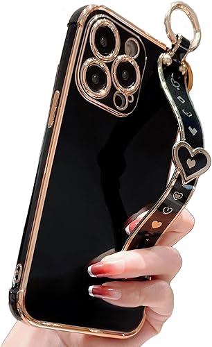 IDweel Funda para iPhone 11 Pro Max, funda para iPhone 11 Pro Max con correa de pulsera ajustable con lazo para atril, chapado de lujo de corazón,