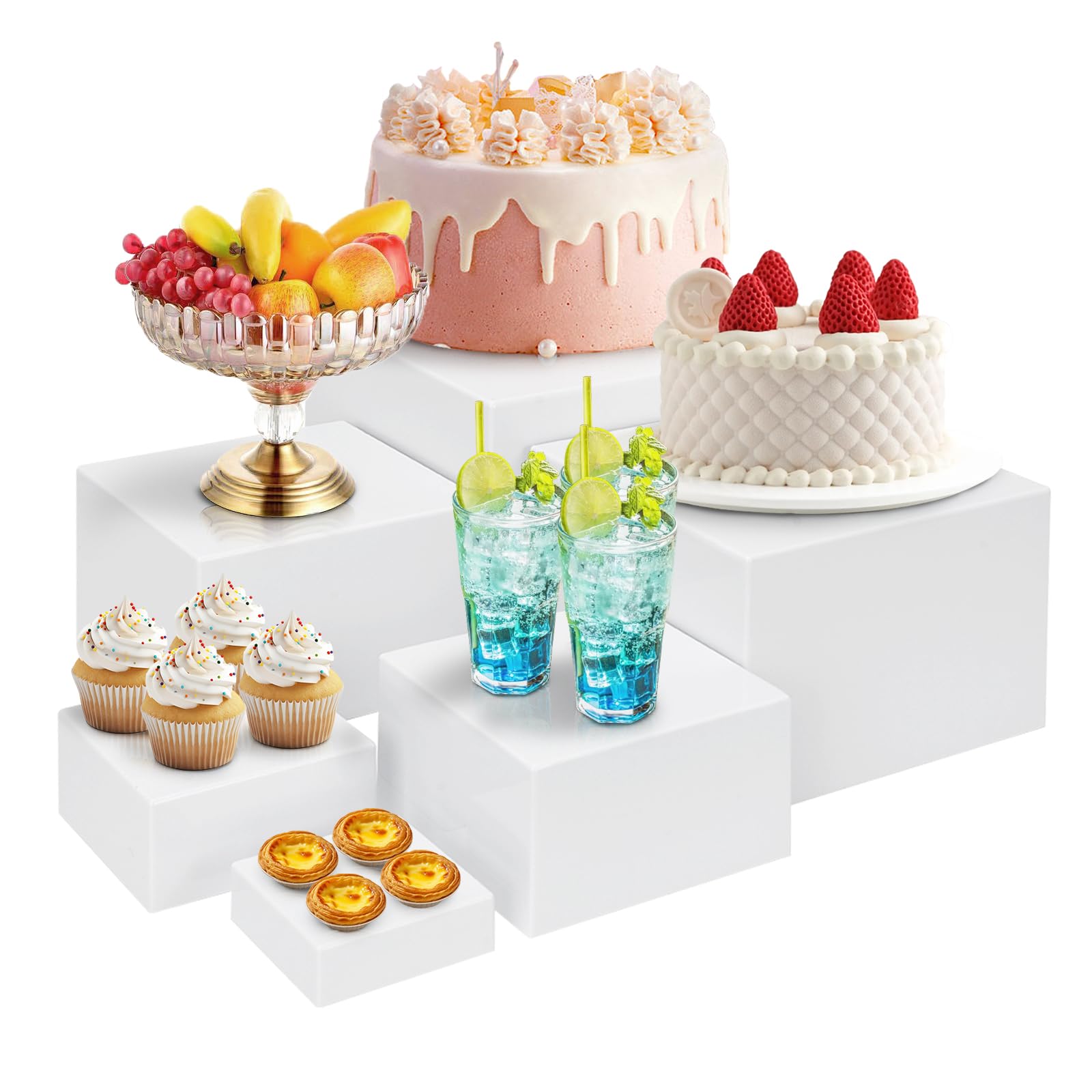 Présentoir Aperitif Buffet 6 PCS, Support Buffet en Acrylique à Fond Creux, Présentoirs pour Aliments, Desserts, Bijoux, Figurines, pour Table de Fête, Décoration (Blanc)