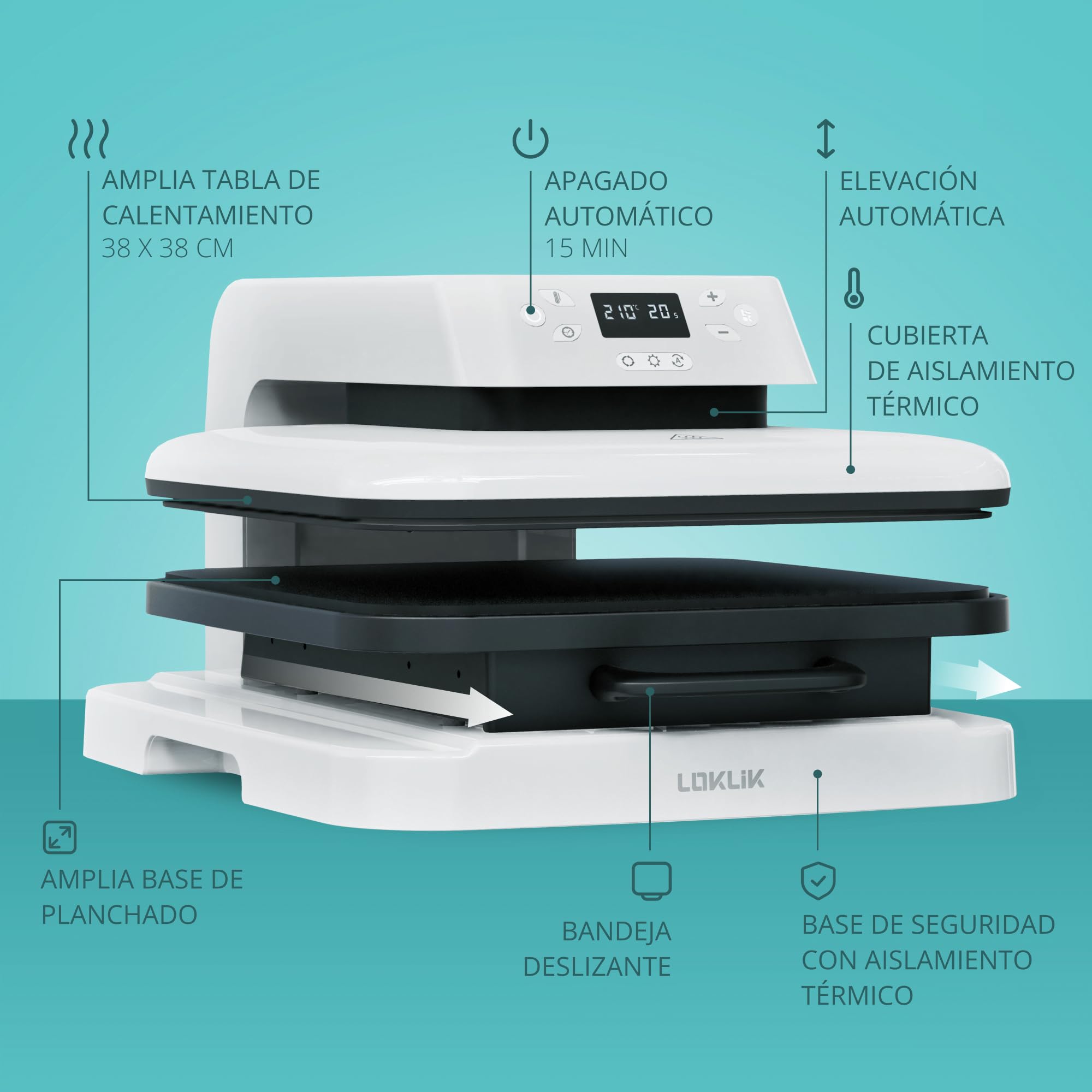 LOKLIK Prensa Térmica Automática Prensa Térmica Blanca - Adhesivo Térmico Impresión Textil - Prensas Térmicas de Vinilo Transfer Para Camisetas, Bolsos, Bolsas y Otros Textiles Maquina de Sublimacion