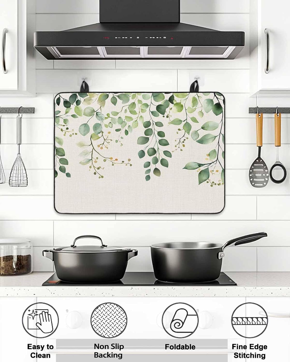 Stove Cover for Electric Stove 24x21 Inch Ombre Green Eucalyptus Leaf Stove Top Cover Vintage Branch Plant Glass Cooktop Covers Anti-Slip & Heat Resistant Countertop Protector Kitchen Decor