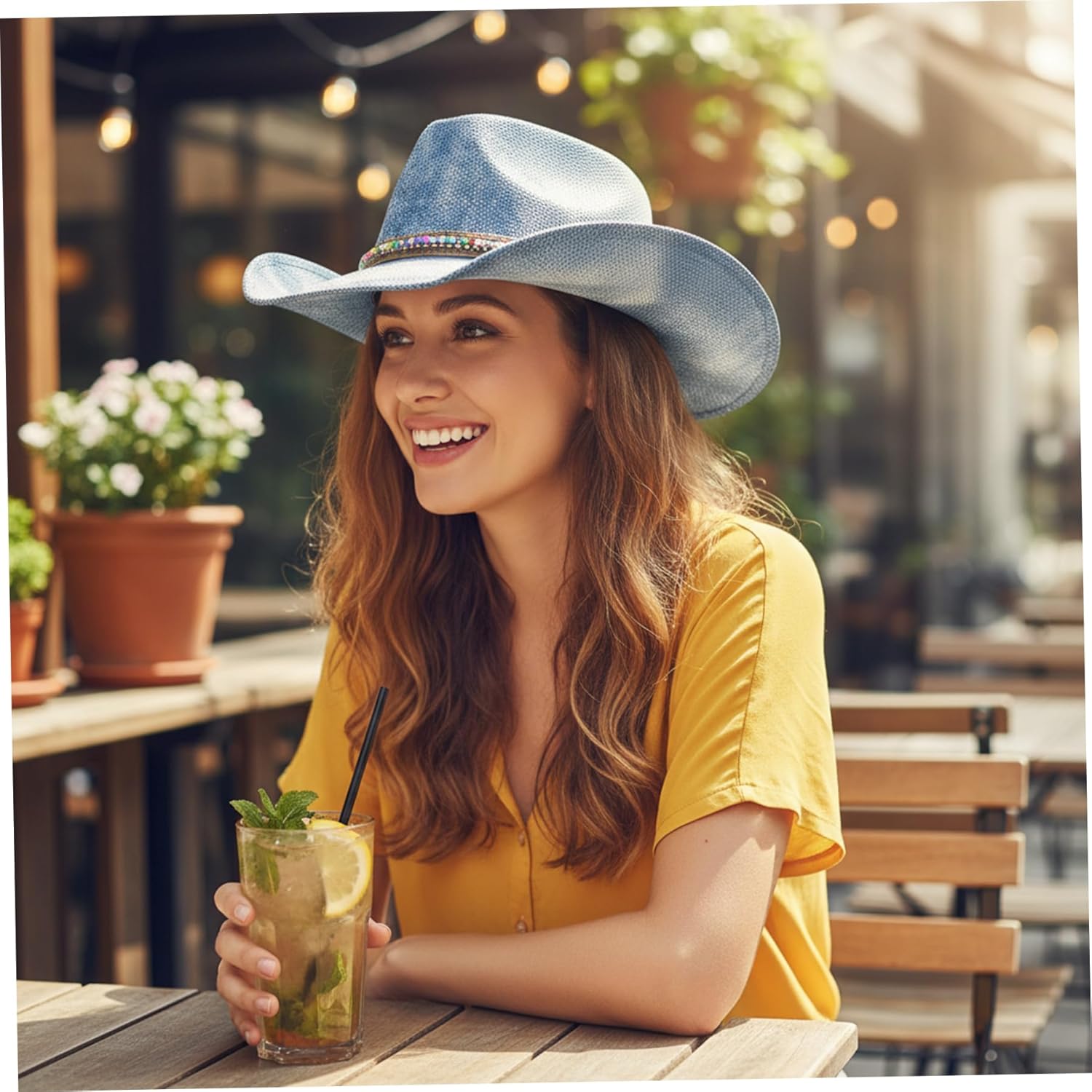 Denim Cowboy Hat for Women, Unique Tie-Dye Western Hat with Beaded Trim, Lightweight Breathable Cowgirl Hats for Outdoor
