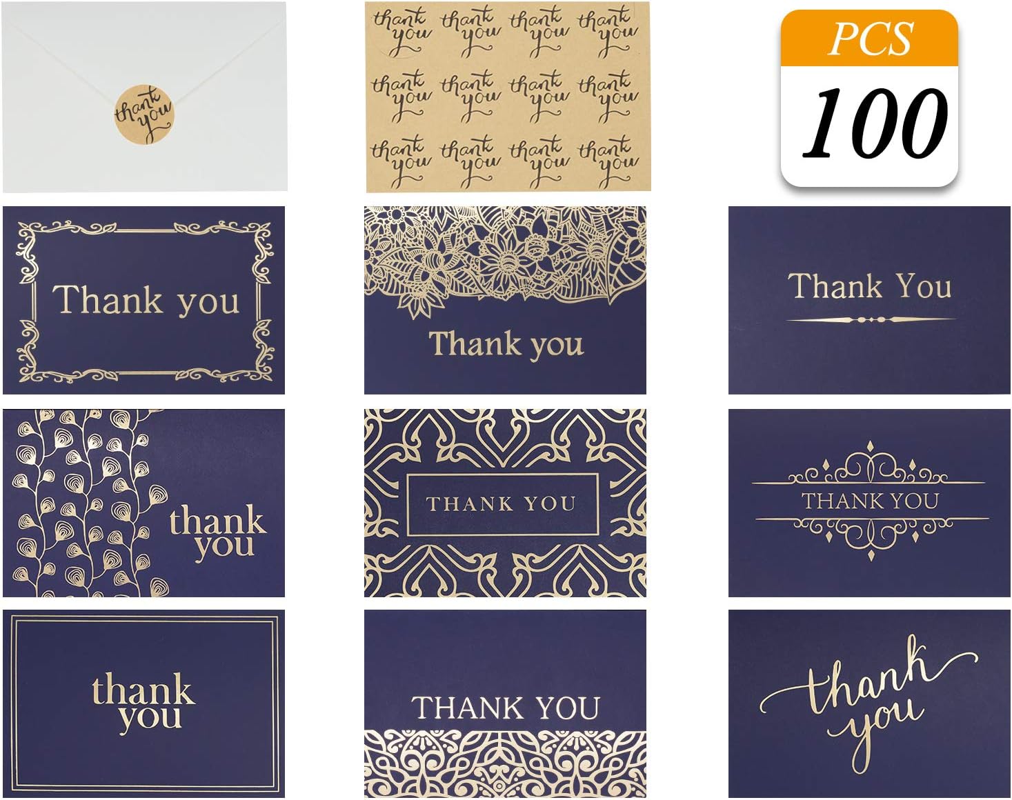 Thank You Cards Notes Navy Blue Gold In 9 Designs Blank Inside With Envelops And Stickers For Business, Wedding, Birthday, Baby Shower, Graduation, Greeting Cards, Funeral 4x6 inch (NavyBlue, 100PCS)