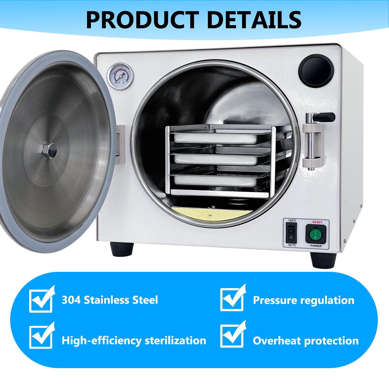 Esterilizador autoclave, acero inoxidable con pantalla digital LED, protección contra sobrecalentamiento, dos opciones de temperatura, ideal para salones de belleza y tatuajes, 18 L