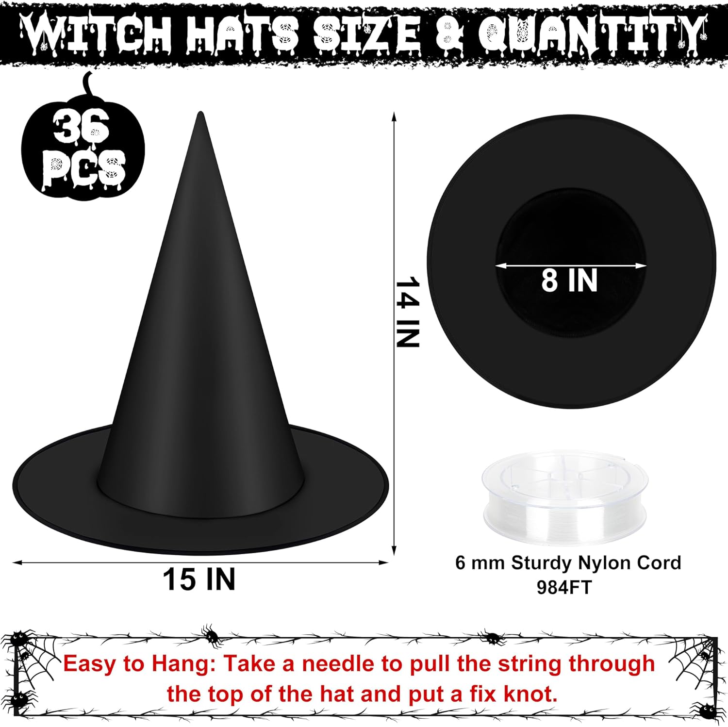 Helimoto 36 PCS Witch Hats, Black Witches Hat Halloween Decorations Witch Costumes Accessories Hanging Party Decor with 984 FT Nylon Cord Wizard Hat Indoor Outdoor Home Yard Ceiling Porch Decor