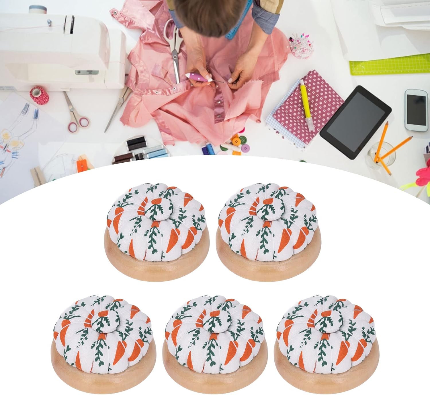 5 Pcs Pin Cushion for Sewing, Portable Wooden Base Holder, Cute Pumpkin Shape Pin Cushions with Comfort Cloth, Sewing Craft Supplies for DIY, Gifts for Mothers Day