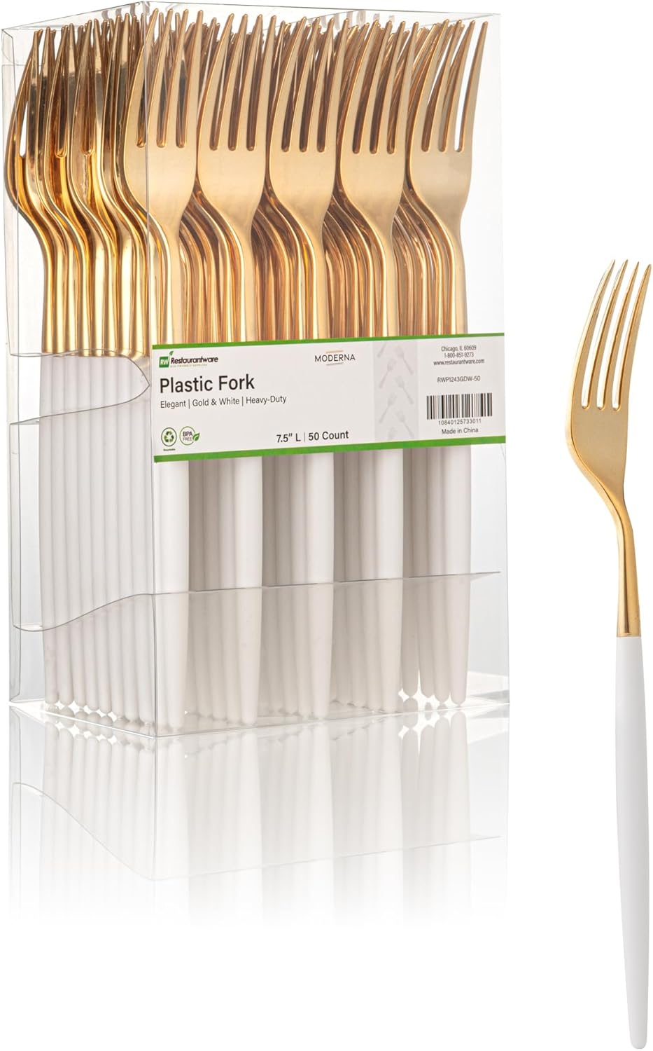 Restaurantware-Moderna 7.5 Inch Fancy Disposable Flatware, 50 Durable Plastic Flatware - With White Handle For Grip, Heavy-duty, Gold Plastic Forks, Easily Disposable Or Restaurants