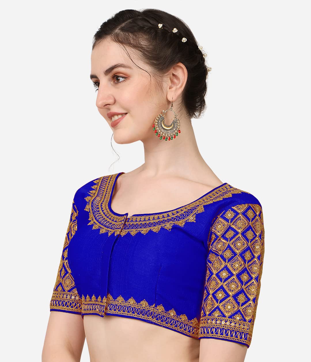 Pujia Mills Women's Silk Embroidery Half Sleeve Blouse (Simba 2 New Parent_Royal_38)