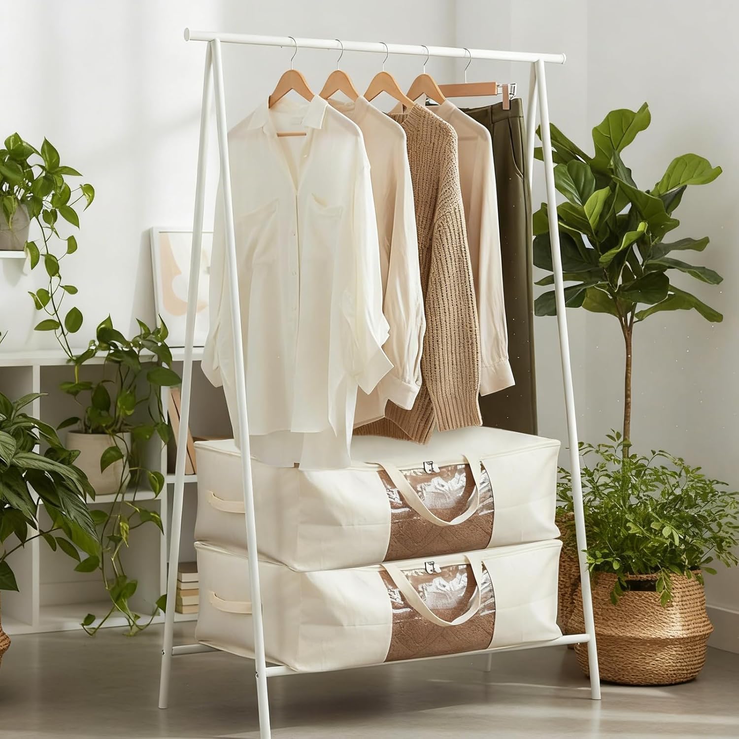 YGEOMER 4 Pack Canvas Comforter Storage Bags with Zipper Foldable Closet Organizers Storage Containers with Reinforced Handle for Dorm Organizing, Bedroom, Closet, Blanket, Clothing