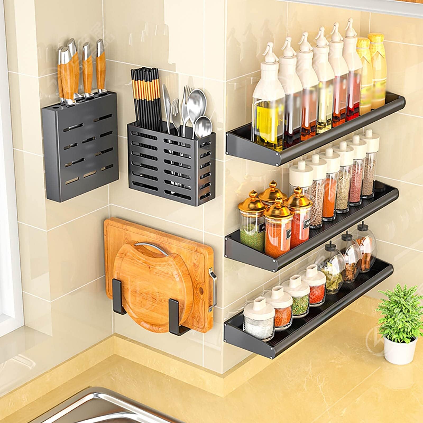 Estante de metal montado en la pared, organizador de especias que ahorra espacio para hierbas y frascos, 30 cm y 70 cm, solución de almacenamiento de cocina, color negro, perfecto para especias y