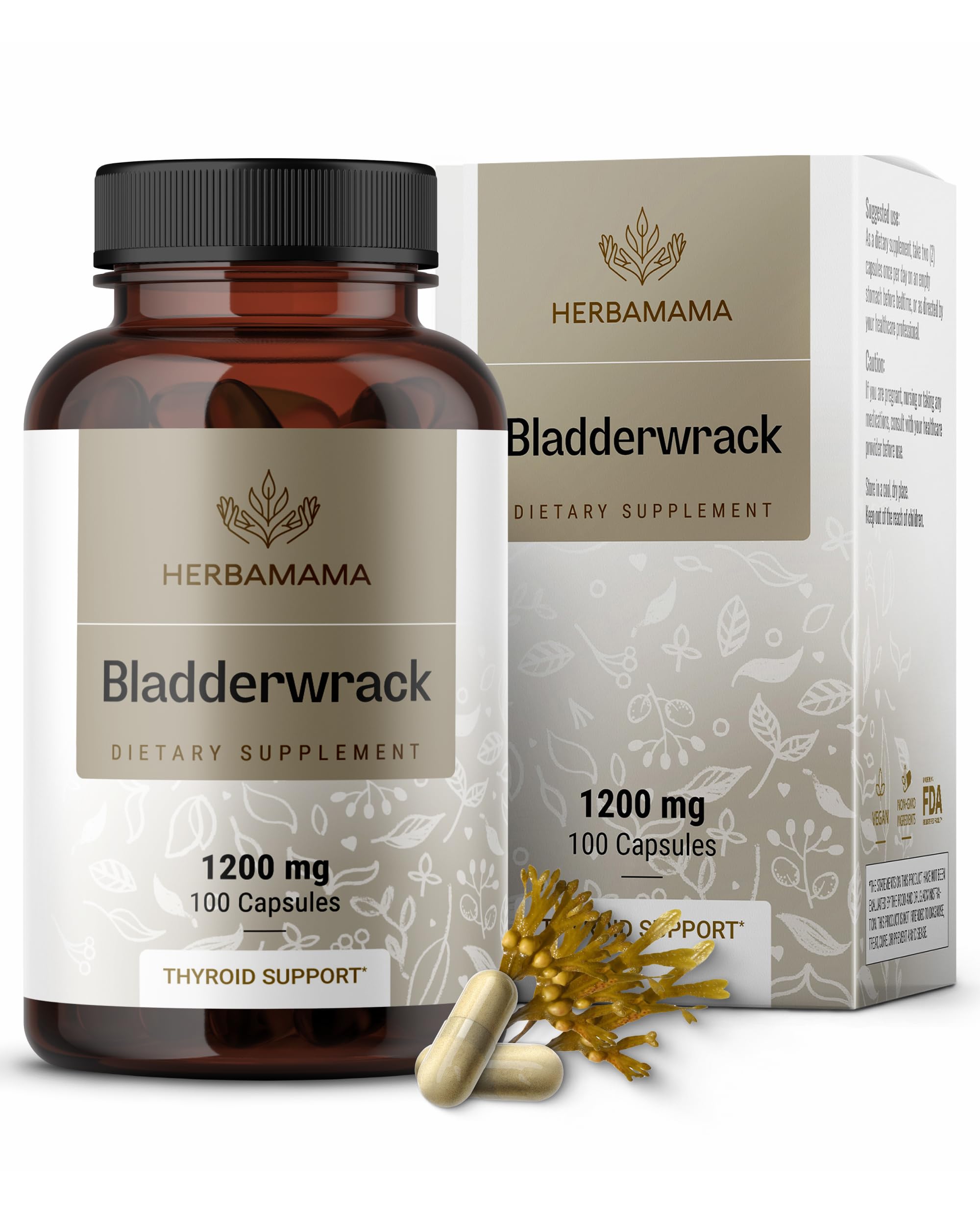 HERBAMAMA Bladderwrack Capsules - 1200mg Bladderwrack Herb Powder for Energy & Overall Support - Vegan, Non-GMO Sea Iodine Source Supplement, 100 Caps