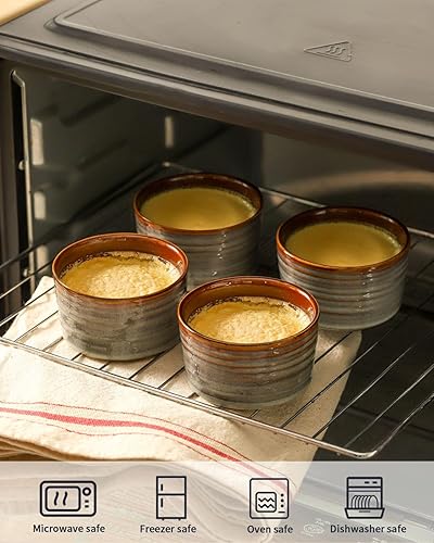 Miniatura 10 de Hasense Ramekins - Juego de 6 cuencos de porcelana aptos para horno, 4 onzas, platos de cerámica para creme brulee para hornear, para pudín,