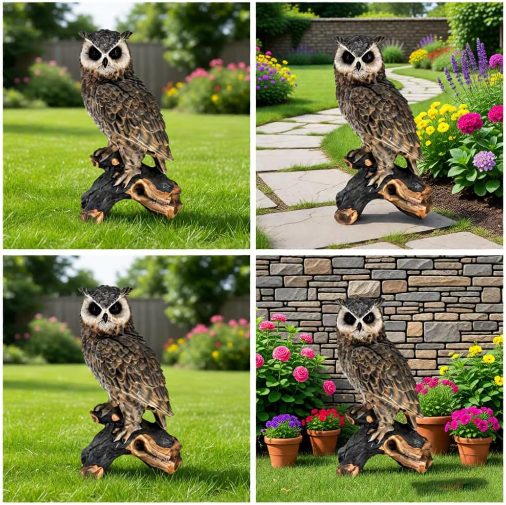 Resin Owl Garden Statue, Brown, 18.98" H x 11.10" L, Weatherproof Indoor Outdoor Decorative Ornament, Lifelike Pest Deterrent