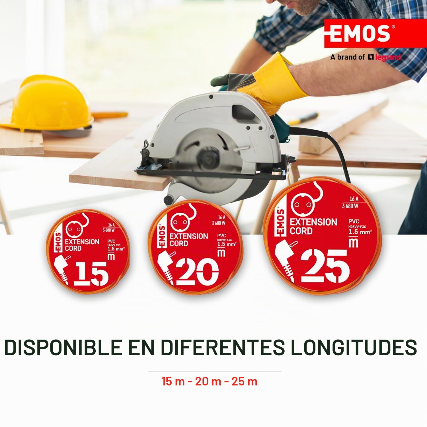 EMOS - Cable alargador IP20 de 15 m - 1 Enchufe Schuko - 230 V, 16 A, 3680 W - Aislamiento de PVC H05VV-F3G 1,5 mm2 - Protección táctil Mejorada - para Uso en Interiores - Naranja