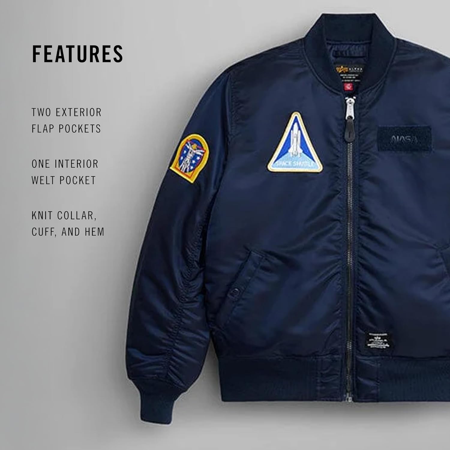 Alpha Industries NASA MA-1 Flight Jacket Gen II, Water-Resistant Bomber Jacket Space-Themed Patches, Utility Sleeve Pocket