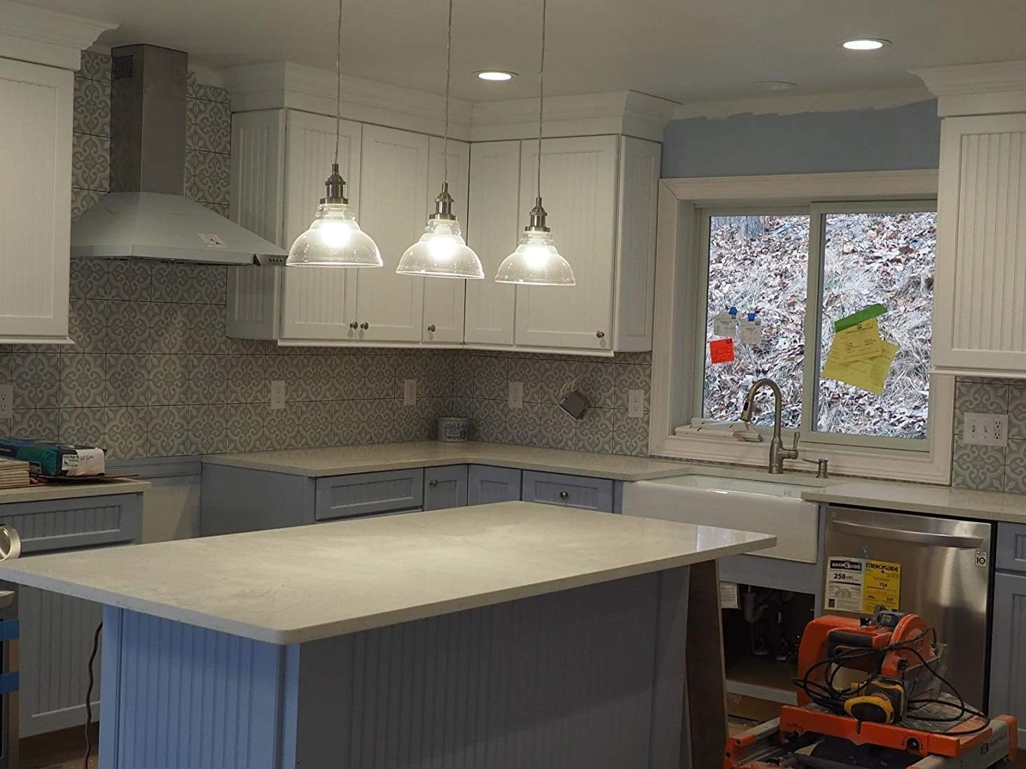 Uр Tо 40% оƒƒ EUL Industrial Island Lighting Vintage Pendant Lamp with Clear Glass Shades Brushed Nickel-3 Light