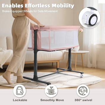 Baby Bassinet, Portable Bedside Sleeper w/Adjustable Height, Pink