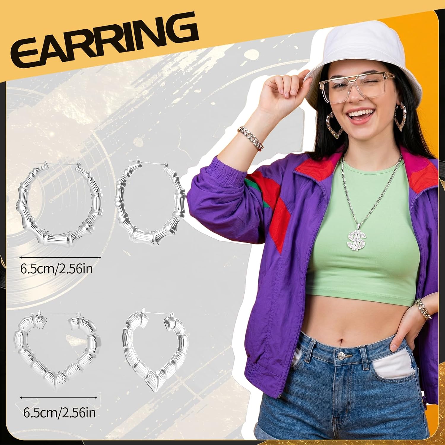 JATEBI 80s 90s Hip Hop Costume Kit Rapper Accessories Outfit for Women Men with Chains Bucket Hats Sunglasses Jewelry