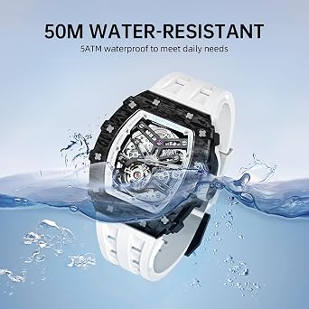 TSAR BOMBA Men's Watch 5ATM Waterproof Skeleton Tonneau Tear Watch Sport Fashion Silicone Strap Stainless Steel Luxury Business Mechanical Automatic Mens Watch Sapphire Glass Best Men Gift