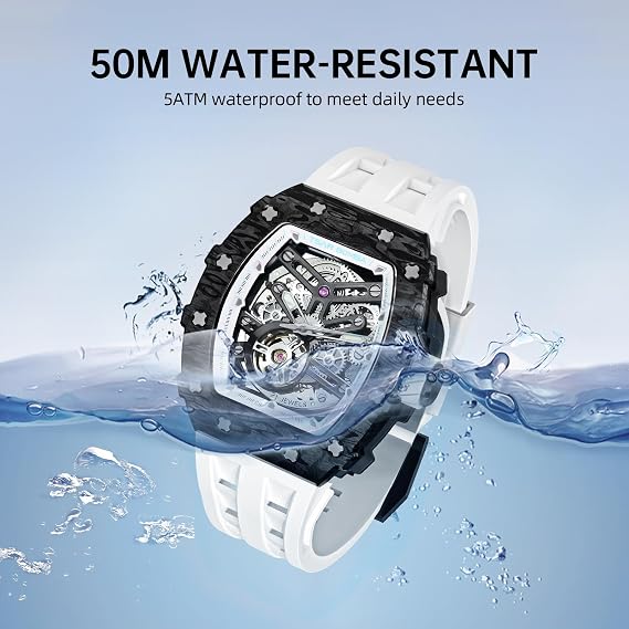 TSAR BOMBA Men's Watch 5ATM Waterproof Skeleton Tonneau Tear Watch Sport Fashion Silicone Strap Stainless Steel Luxury Business Mechanical Automatic Mens Watch Sapphire Glass Best Men Gift