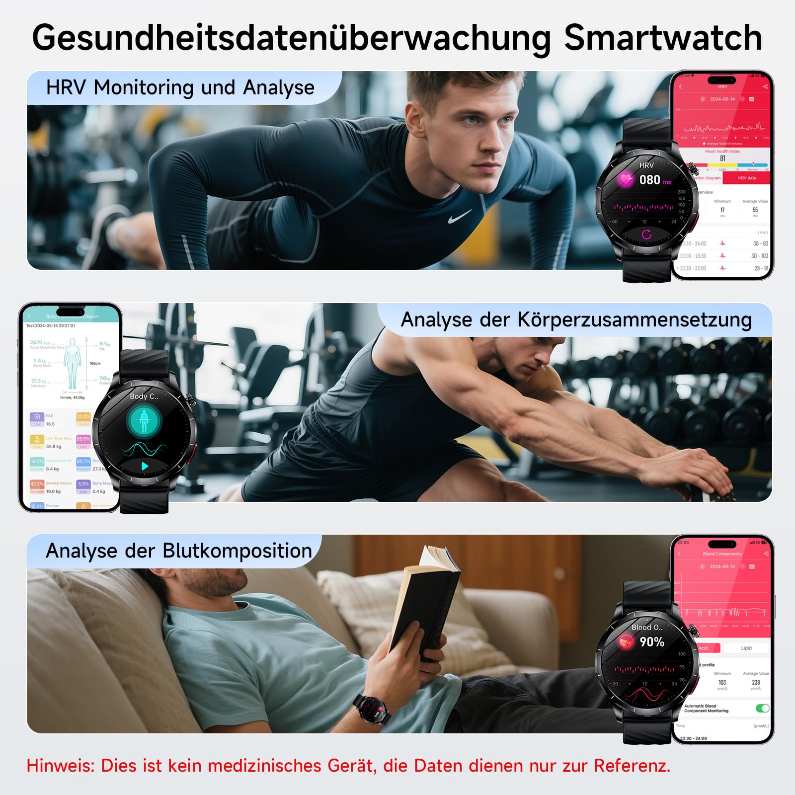 Neu Smartwatch Herren mit EKG+HRV & Blutdruck, 1,43" AMOLED Gesundheitsuhr | 24H Herzfrequenz, SpO2, Schlafmonitor, Körpertemperatur, Telefonfunktion, Harnsäure, SOS-Notruf, Fitnessuhr für Android iOS