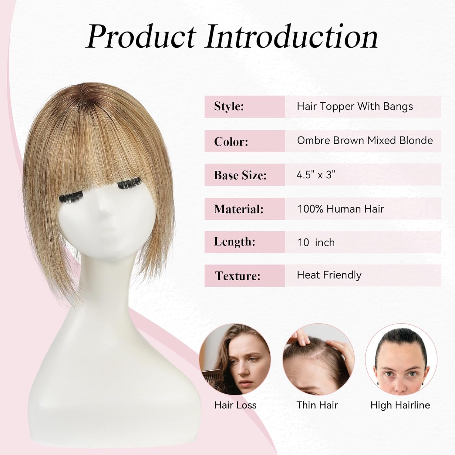 EMMOR 10 Inch Real Human Hair Topper for Women - Upgrade Swiss Lace Base with 3 Non-Slip Clips, 4.5" x 3" Clip in Bangs for Thinning Hair & Natural Hair Loss Coverage(Ombre Brown & Blonde Highlight) Bangs Ombre Brown & Blonde Highlight