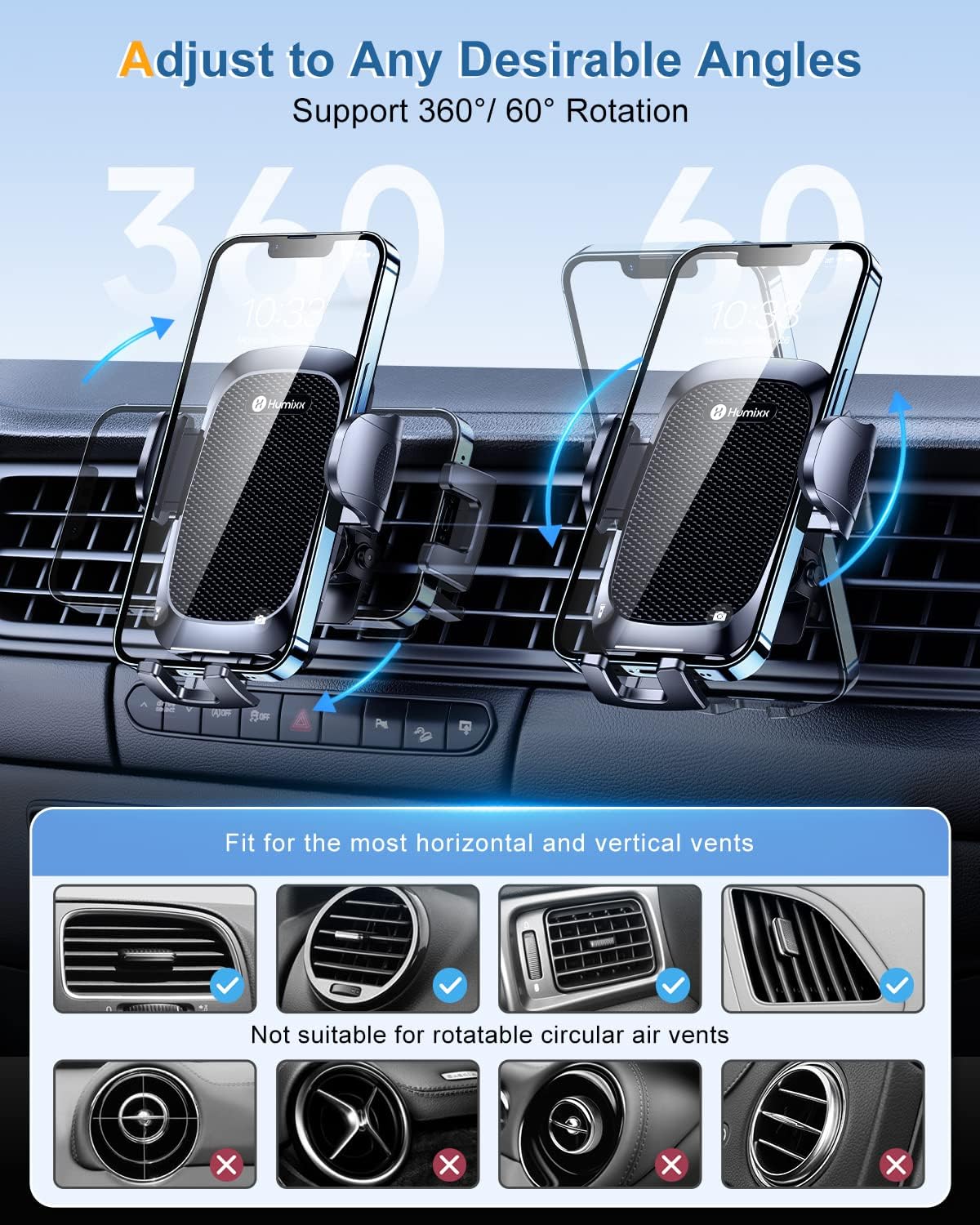 Humixx 【2022 Military-Grade Stability】 Phone Mount for Car Vent Universal Car Phone Holder Mount Hands-Free Cell Phone Holder Car Air Vent for iPhone 13 14 Plus Pro Max Samsung S22 Ultra & All Phones