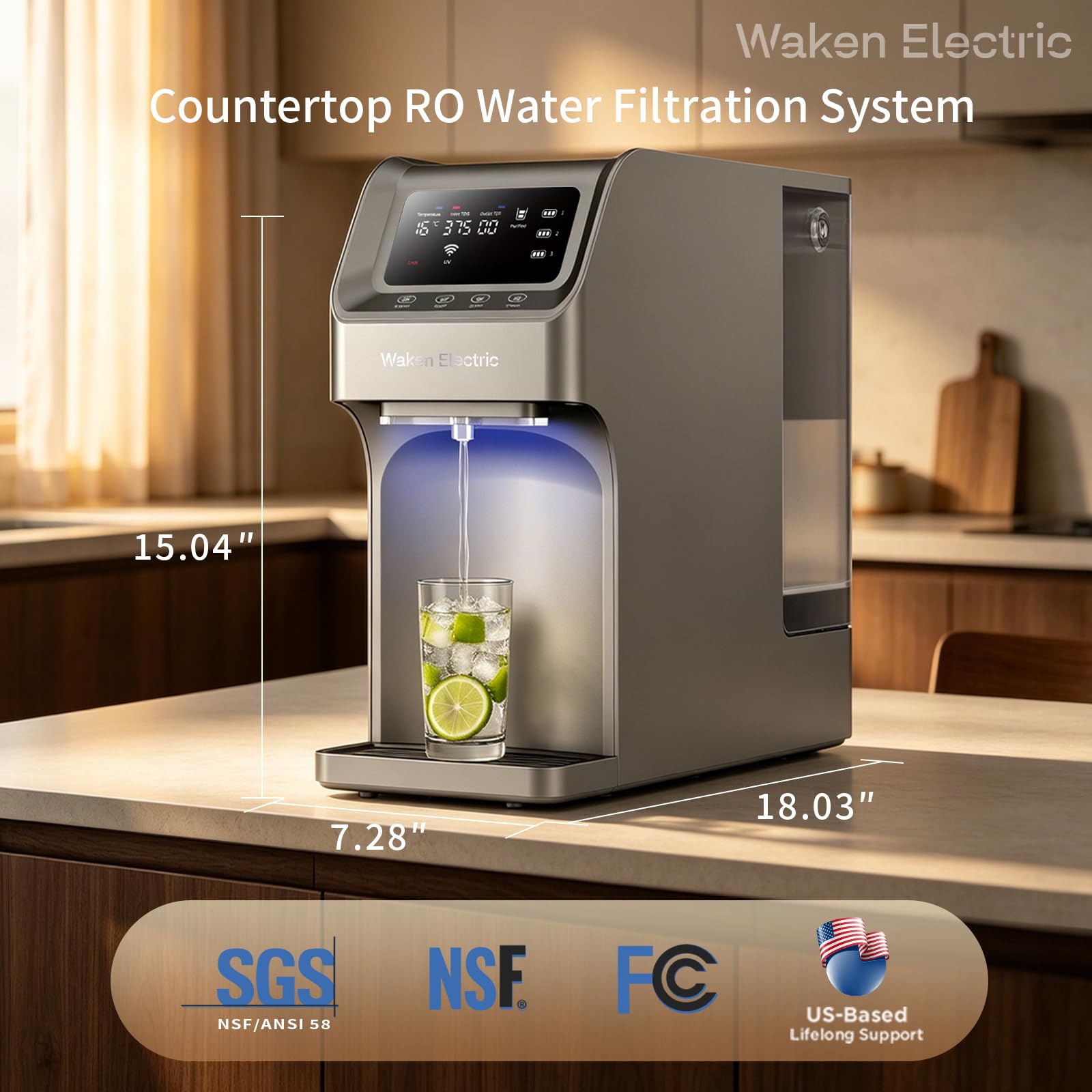 Waken - Filtro de agua de ósmosis inversa eléctrico, sistema de filtración de agua UV, visualización TDS en tiempo real, sin BPA, PFAS, plomo y reducción TDS (azul zafiro) (gris platino)