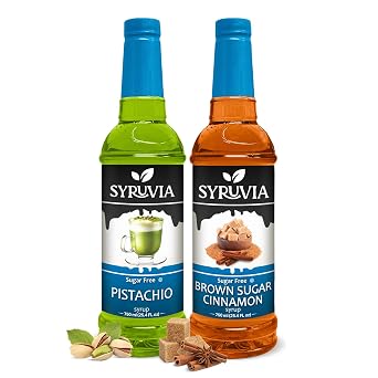 Syruvia Sugar-Free Brown Sugar Cinnamon & Pistachio Syrup - 25.4 fl oz Premium Coffee Flavoring Syrup. 0 Calories, Kosher and Gluten-Free. Perfect for Drinks, Lattes, Sodas, Shakes, Desserts, More.