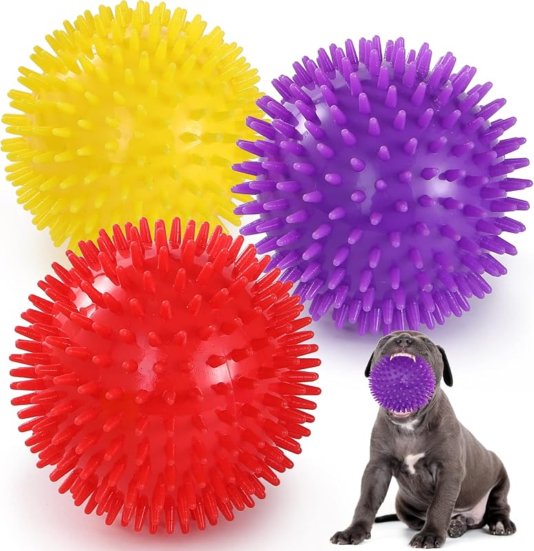 VITEVER 3 colores 4.5 pulgadas resistentes bolas de juguete para perros medianos grandes, juguetes para masticar perros para dentición, bolas puntiagudas para masticadores agresivos, juguetes duraderos para limpieza y entrenamiento de dientes