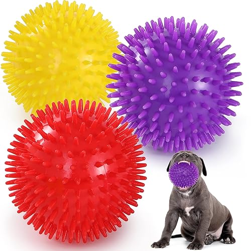VITEVER 3 Colors 4.5” Heavy Duty Squeaky Dog Toy Balls for Medium Large Dogs, Dog Chew Toys for Teething, Spiky Balls for Aggressive Chewers, Durable Toys for Teeth Cleaning and Training - Large Set of 3
