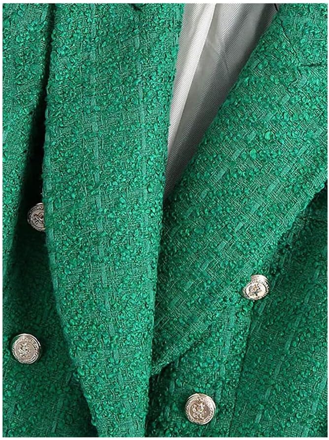 Women Double Breasted Tweed Green Blazer, Vintage Long Sleeve Coat, Chic Flap Pockets Outerwear