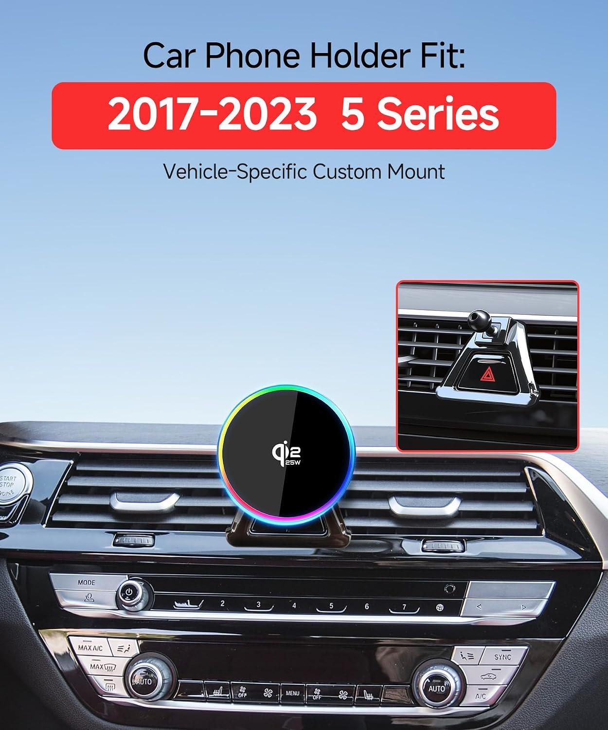 Qi2.2 Max 25W Fast Wireless Car Charger Phone Holder for 2017-2023 BMW 5 Series Accessories, 360° Rotation Phone Mount Compatible with MagSafe, Cell Phone Holder Does Not Affect Air Vent
