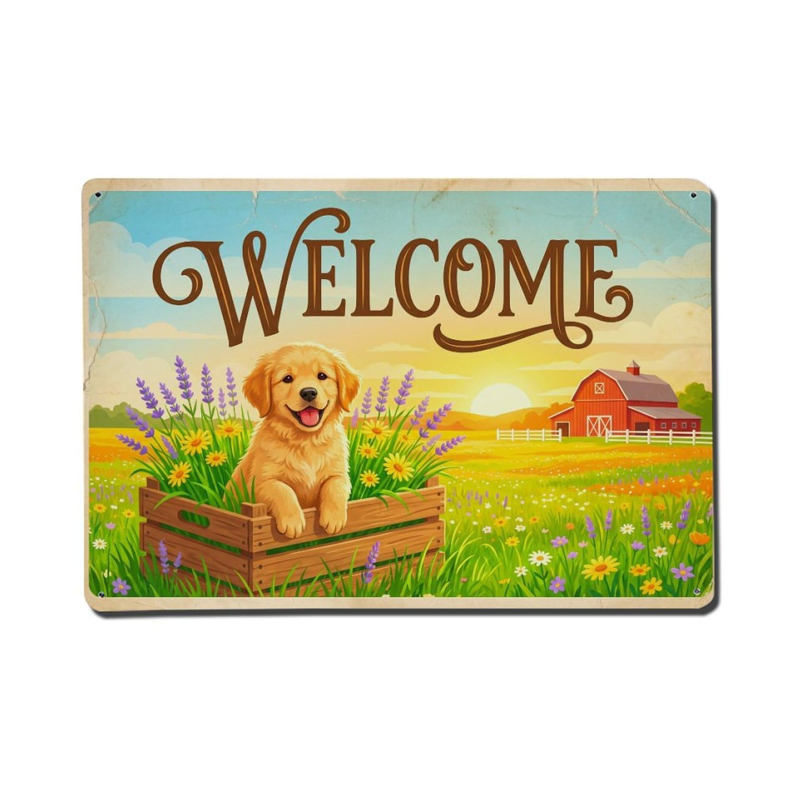 Vintage Welcome Puppy Golden Hour Metal Tin Sign