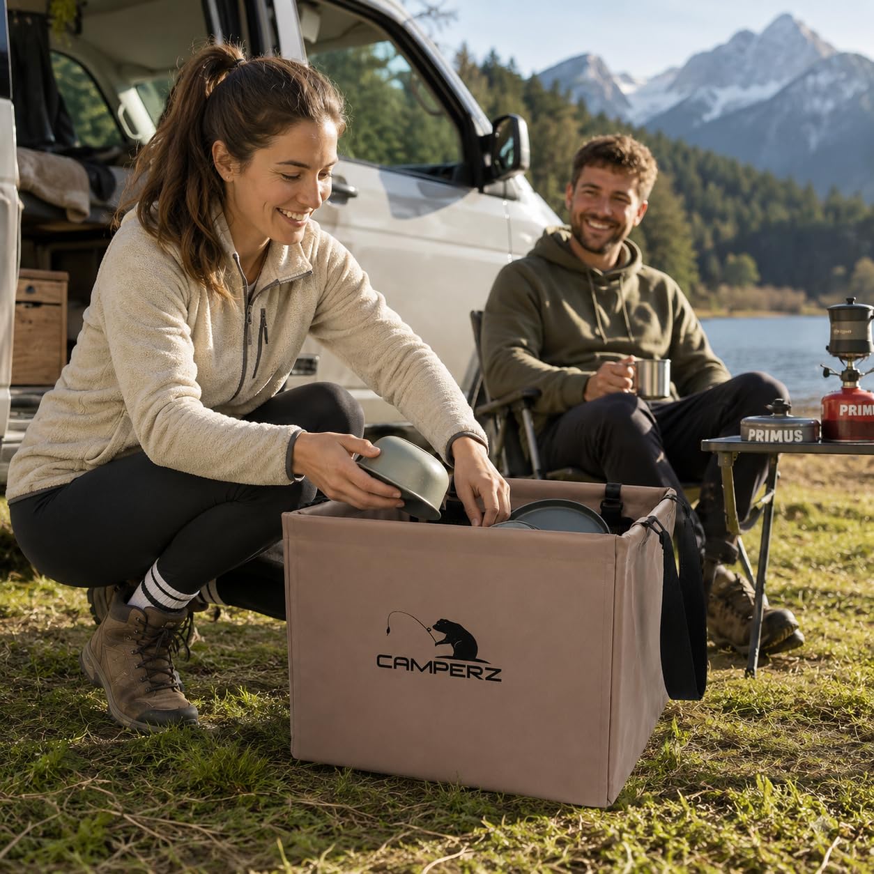 Bol pliable de camping 20 l – Bac à vaisselle pliable avec poche en filet, seau pliable stable et bac de lavage pour camping-car, vanlife, pêche et extérieur – étanche, marron
