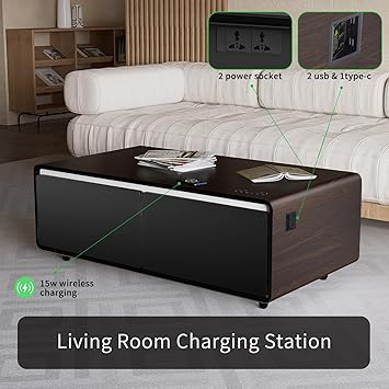 Smart Coffee Table with Fridge and Bluetooth, Smart Refrigerator Table with Dual Speakers, 15W Wireless Charger, Control Panel, Outlet Protection, USB Port, Atmosphere Light, LT135 Pro-Brown