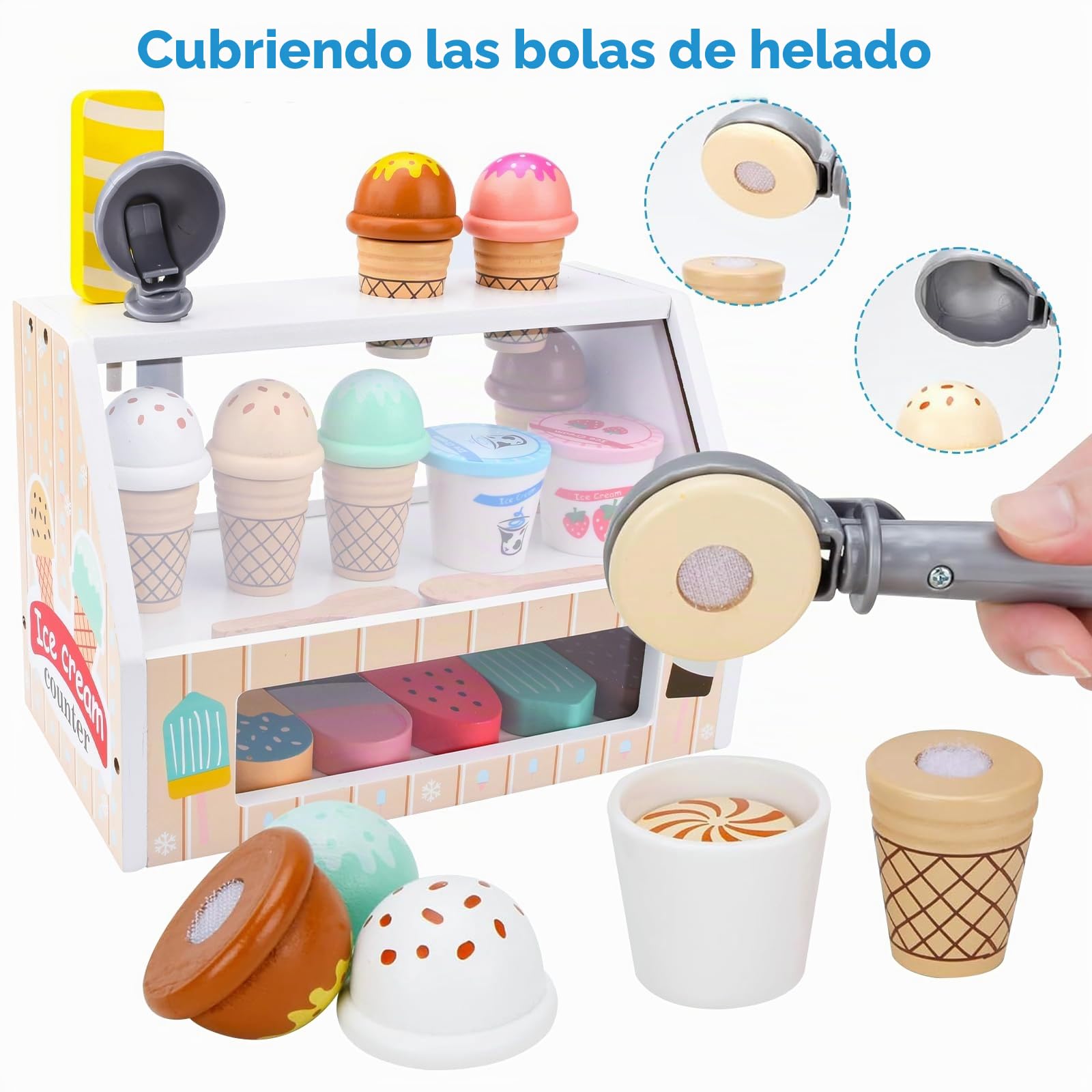 Heladeria Juguete,Juguete de Helado,Tienda de Helados con Conos,Tienda de Helados Accesorios de Cocina,Helados Madera Juguete Juego Educativos Regalo para Niñas Niños 3 4 5 6 años