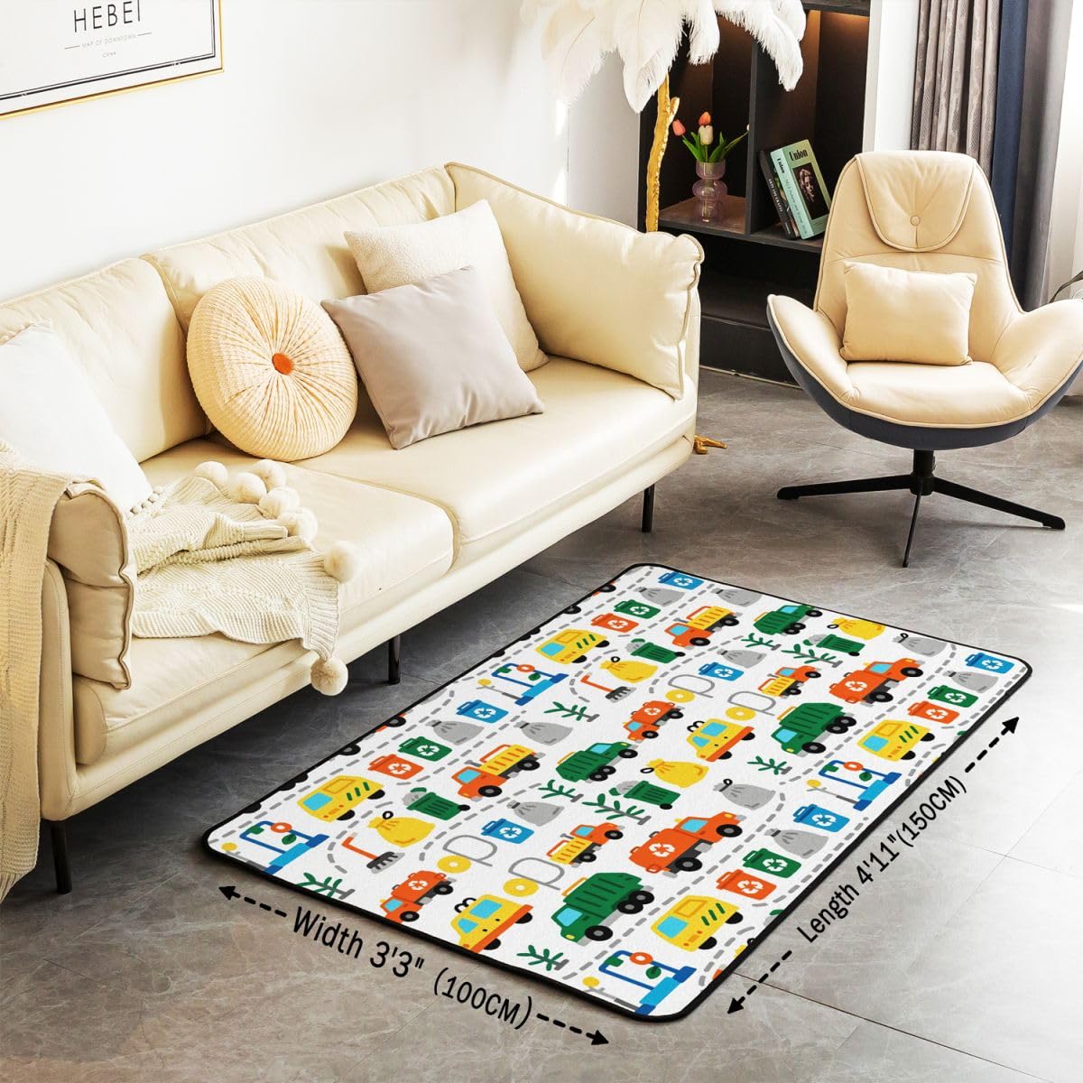 Homewish Müllabfuhr 150x200 Teppiche Wohnzimmer Müllwagen Rug Pflegeleicht Handgezeichnetes Recycling Thema Teppich Mülleimer Besen Säcke Bäume Carpet Living Room