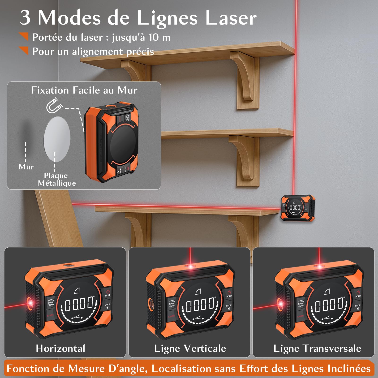Inclinomètre Numérique Rechargeable 4 * 90° Et 2 * 180° Avec Fonction Laser Écran LCD Étanche IP54 Laser À Lignes Croisées avec Aspiration Magnétique Pour Menuiserie Chantier Et Décoration