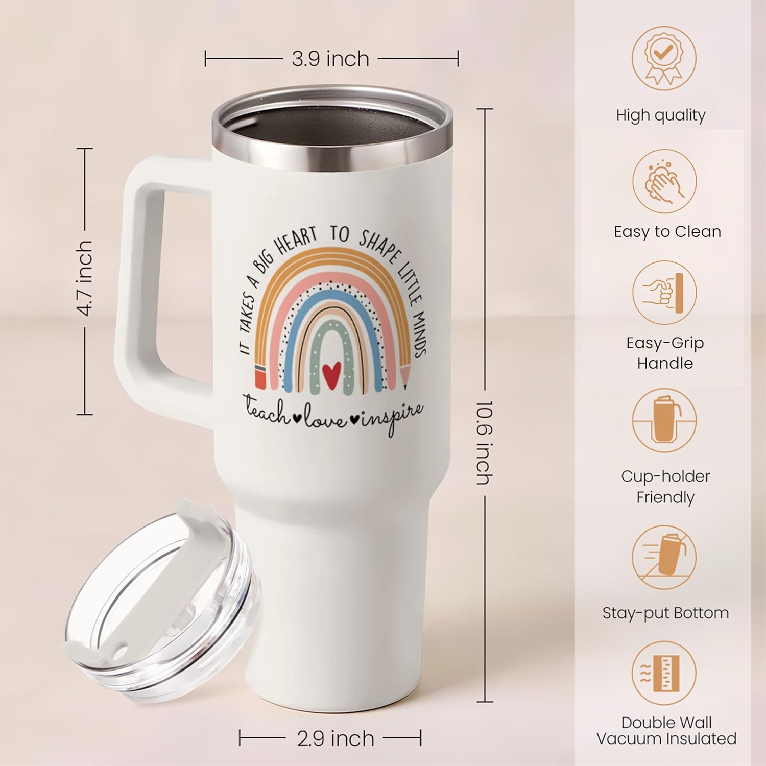 SANDJEST Teacher Appreciation Gifts - It Takes a Big Heart 40oz Stainless Steel Tumbler with Handle - Thank You Gift for Teacher's Day & Graduation - Image 3