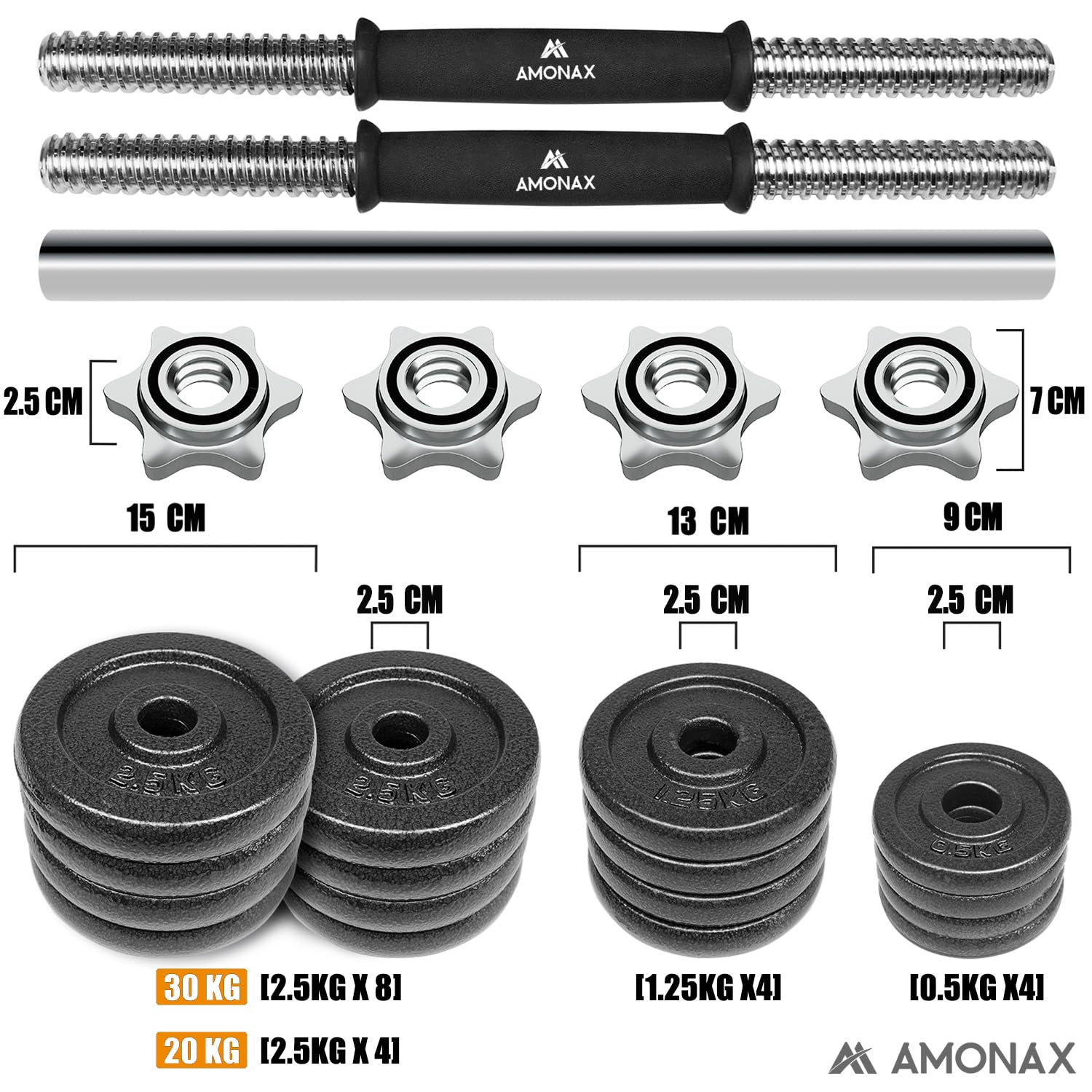 Amonax 15 20 30KG Pesi Palestra manubri Regolabili, Set Bodybuilding Attrezzi bilanciere con Dischi ghisa per Home Gym, Kit Sport Ideale per l'allenamento a casa, Dumbbells