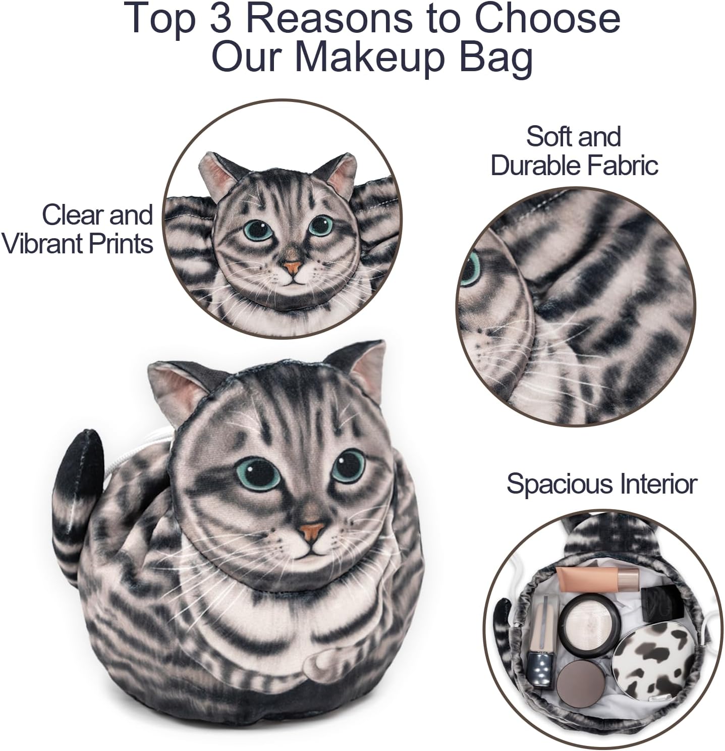 Drawstring Makeup Bag, Cute Cat Travel Makeup Bag Gifts for Women, Large Cosmetic Bag for Women, Travel Toiletry Bag (Gray Cat) - Image 4