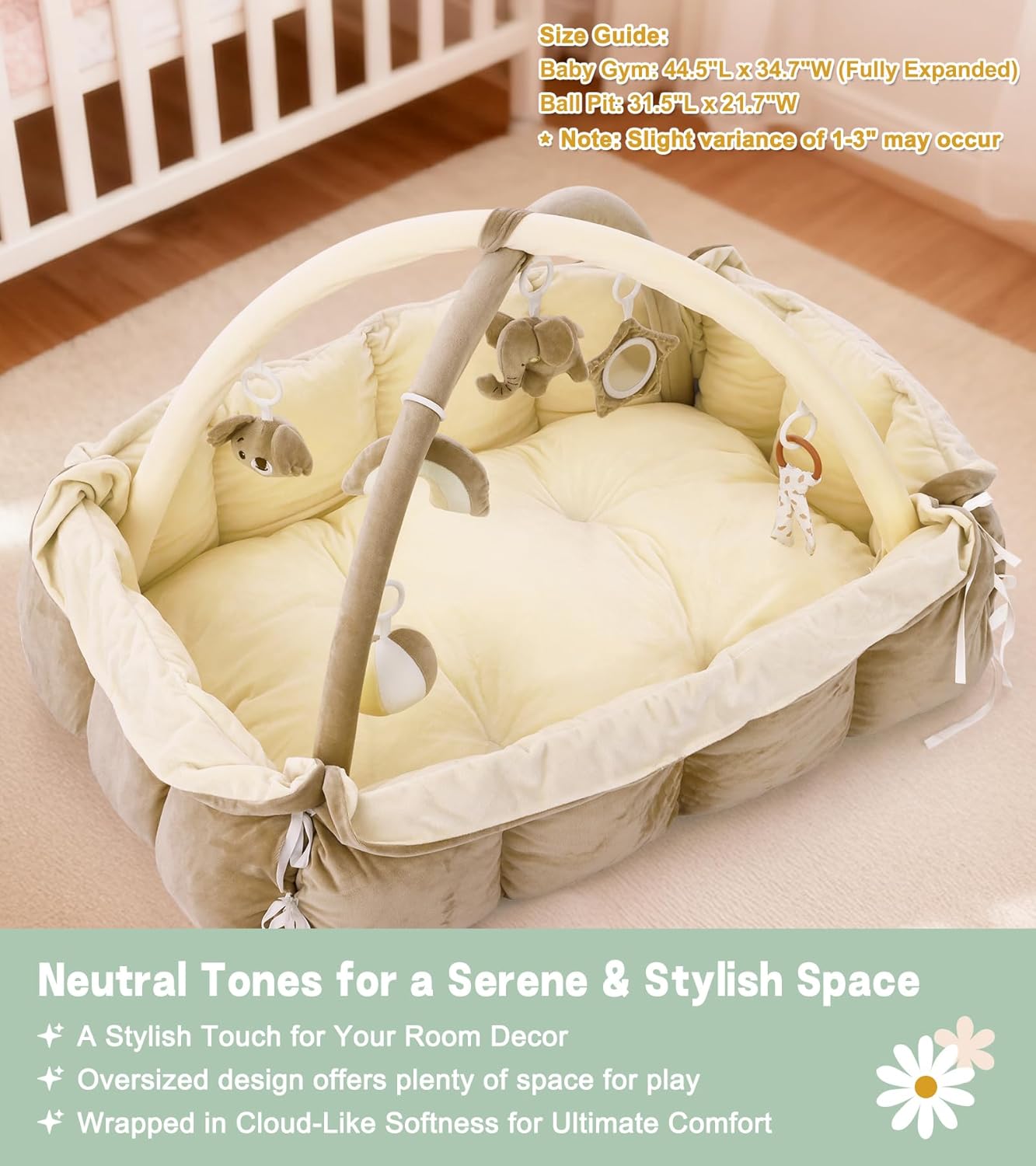 5-in-1 Baby Play Gym and Tummy Time Mat, 12 Learning Cards, Plush Activity Mat with 6 Toys, Baby Gym, Convertible to Ball Pit, Baby Gift, Cream