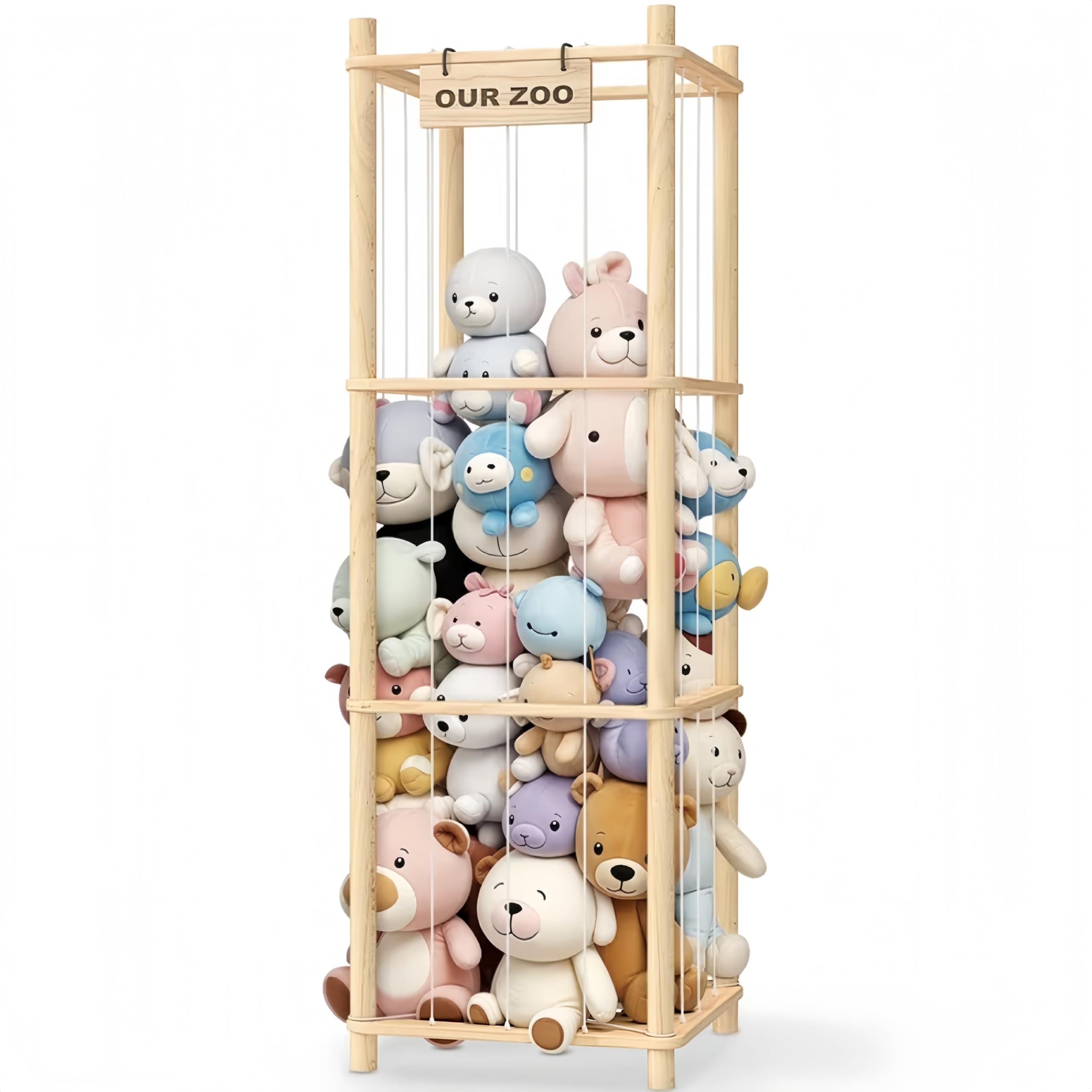 Estantería Organizadora de Peluches en Madera de Pino Natural - Almacenaje de Juguetes para Niños y Niñas 40x40x136 cm - Diseño Creativo Que Ahorra Espacio Ideal para Sala de Juegos