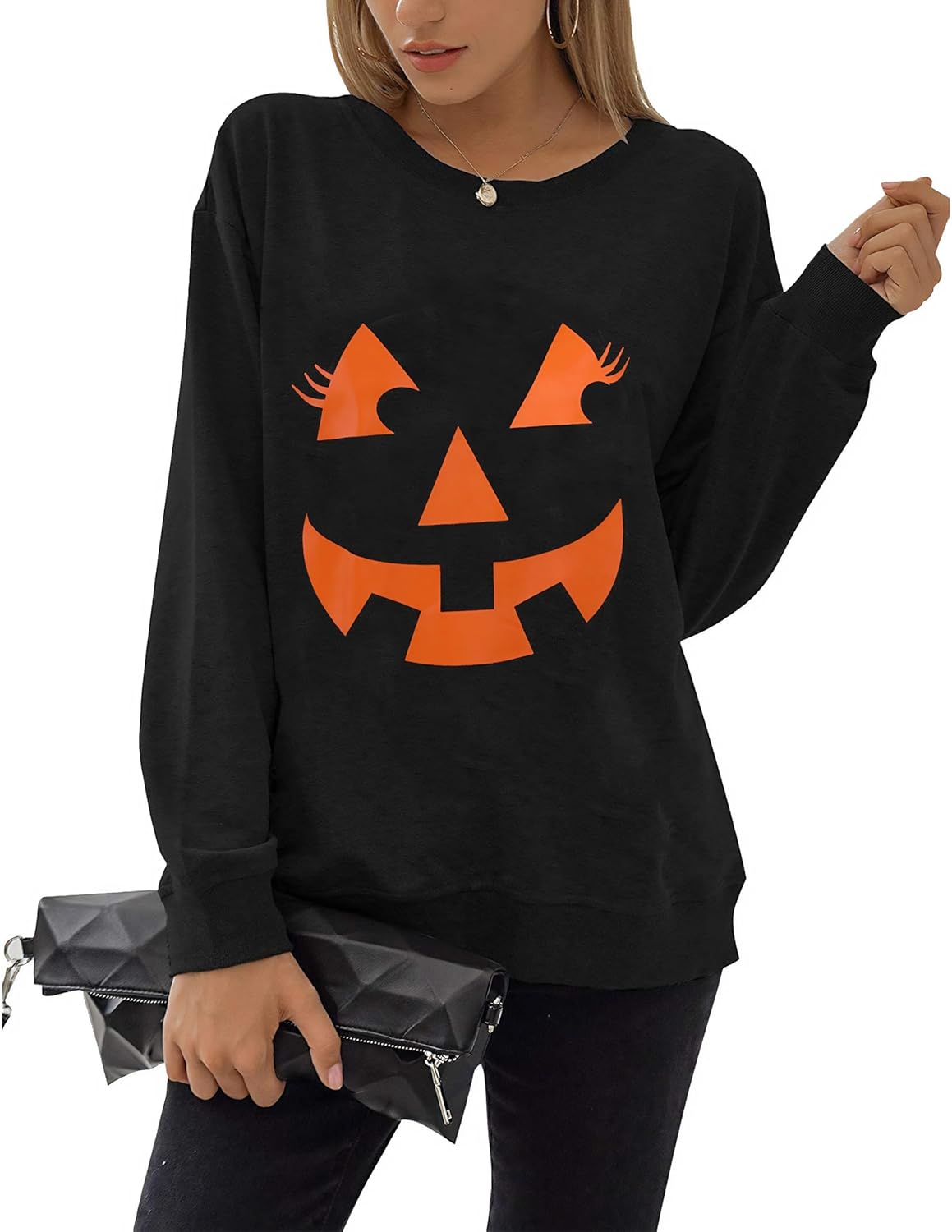 Women Halloween Sweatshirts Pumpkin Face Dancing Skeleton Shirt Long Sleeve Sweater Funny Graphic Pullover