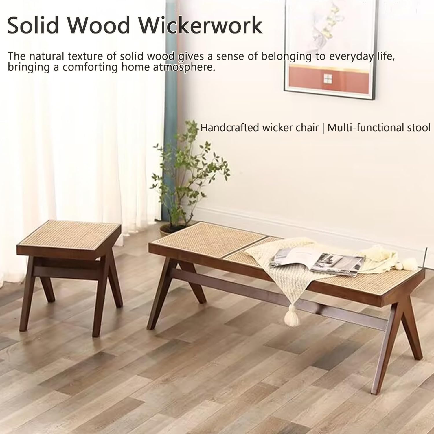 Dining Room Bench,Shoe Rack Bench Seat,Small Entryway Stool,Farmhouse Bench with Rattan Woven Top,Mid Century Modern End of Bed Bench,Solid Wood Benches for Living Room,Kitchen,Entry Way,Hallway(Black