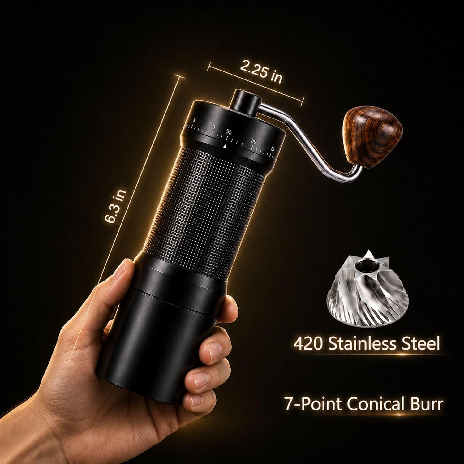 Manual Coffee Grinder Adjustable Hand Burr Black Metal Portable
