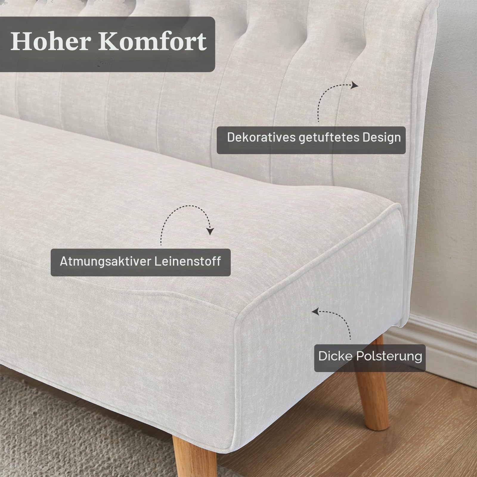 Litake 2-Sitzer Sofa, Stoffsofa Polstersofa Doppelsofa in Leinenoptik und Holzbeinen Loveseat Retro-Look Sitzmöbel für kleine Räume/Wohnzimmer/Schlafzimmer/Spielzimmer, Beige 117 x 56 x 78 cm