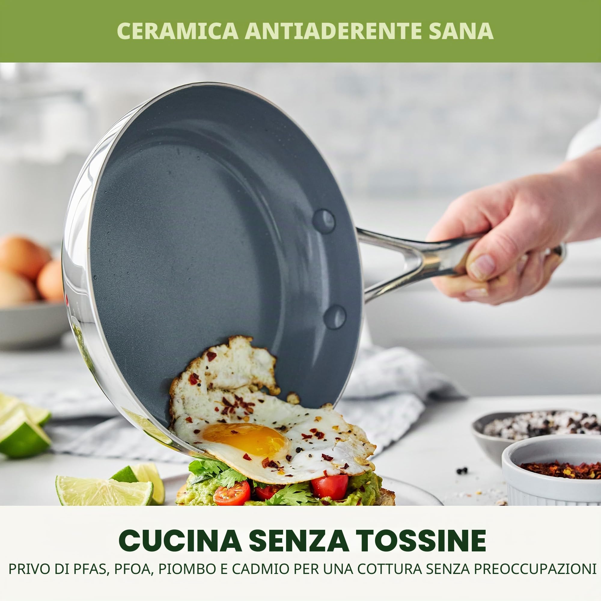 Greenpan Valencia Pro - Set di padelle in acciaio inox a tre strati da 20,3 cm e 25,4 cm, rivestimento in ceramica sana antiaderente senza PFA, senza PFOA, pentole multirivestite, induzione,