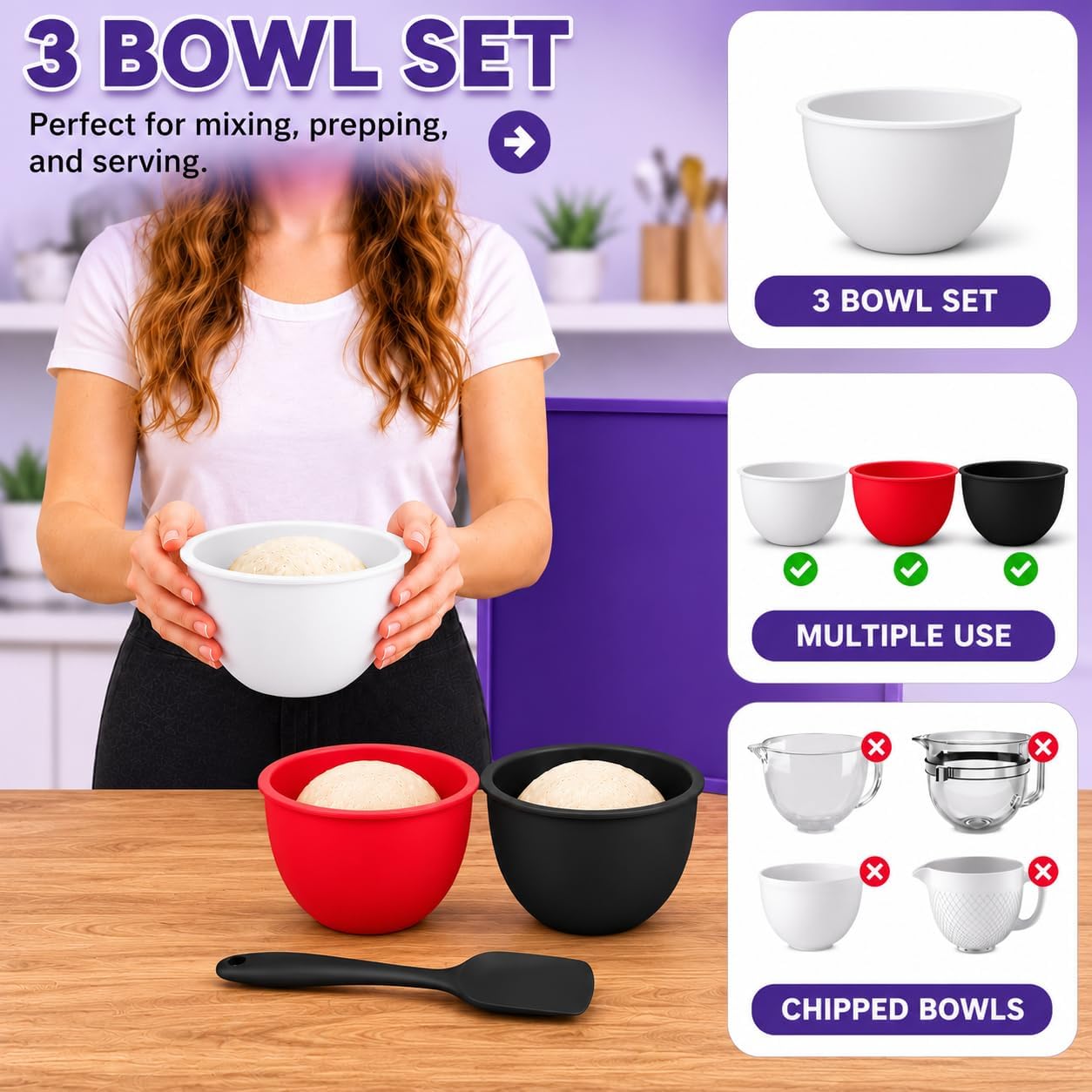 Silicone Bowl Liners, 3 Bowl Liners with 3 Lids, Fits Kitchen Aid 5 Quart Tilt-Head Stand Mixer, BPA-Free Food-Grade Silicone, Flexible Food Storage Covers, Freezer, Microwave & Dishwasher Safe